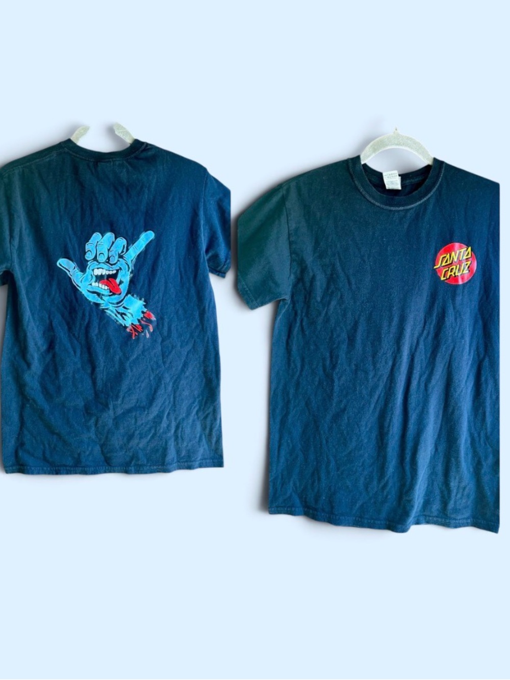 Santa Cruz Skateboards Black Tee with Blue Screaming Hand and Red Logo small